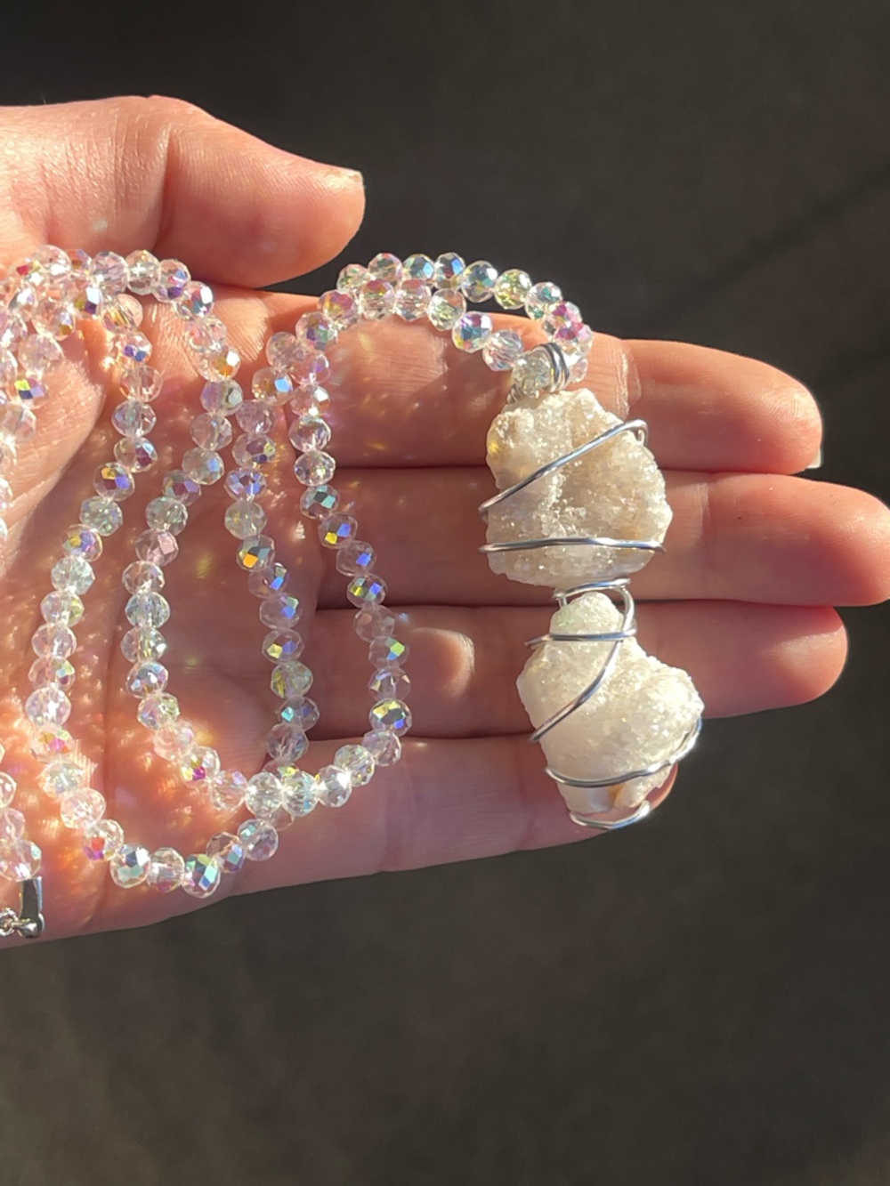 Handmade White Double Druzy Agate Pendant Necklace with Glass White AB Beads
